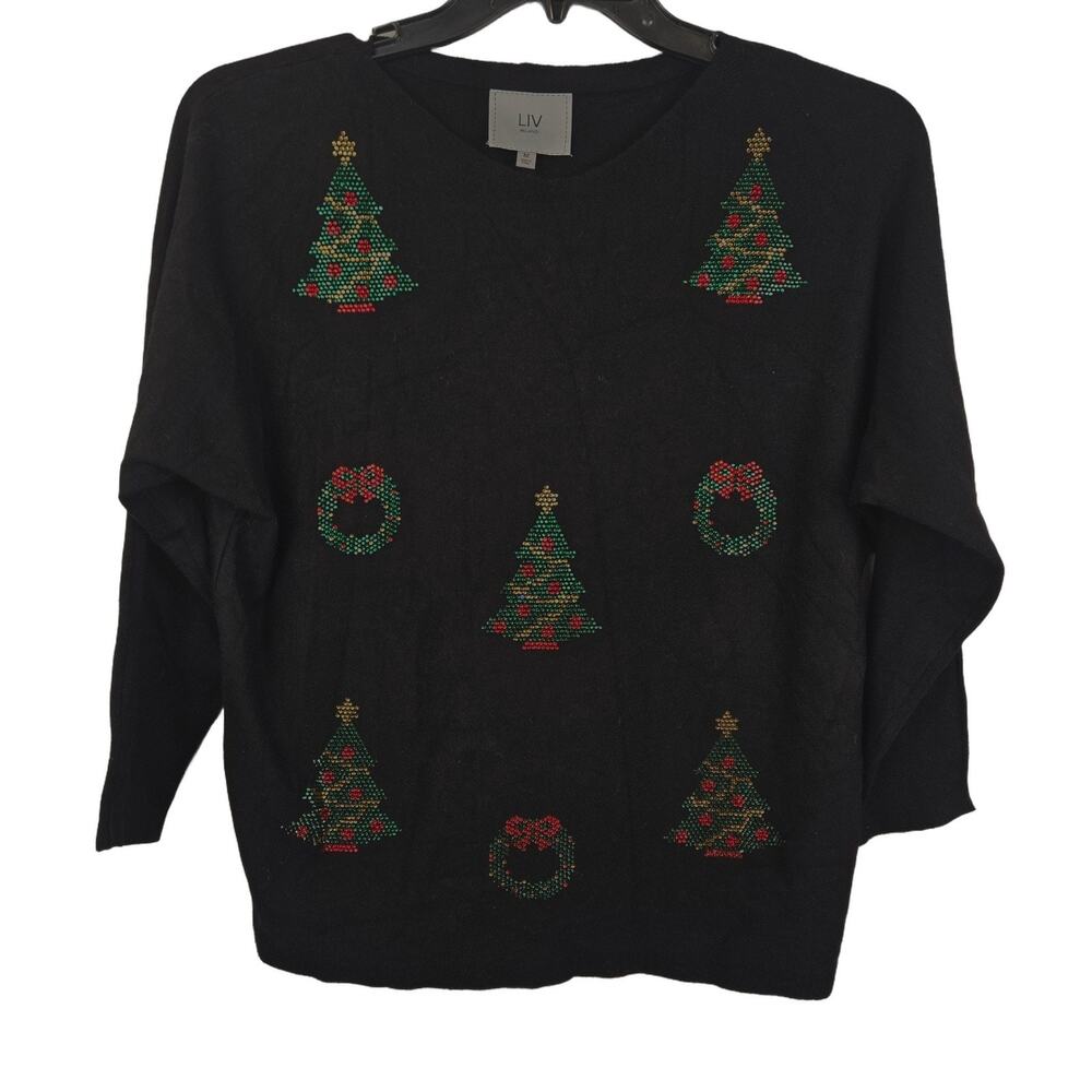 LIV MILANO Women's Christmas Sweater M Black Rhinestone Graphic Pullover Knit NW